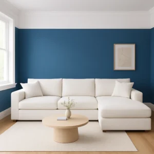 Blue and White Sofa_simple_compose_01jwvswm4jf5na1rnrfhxt72g1 (1) Weißes Ecksofa in blauem Interieur