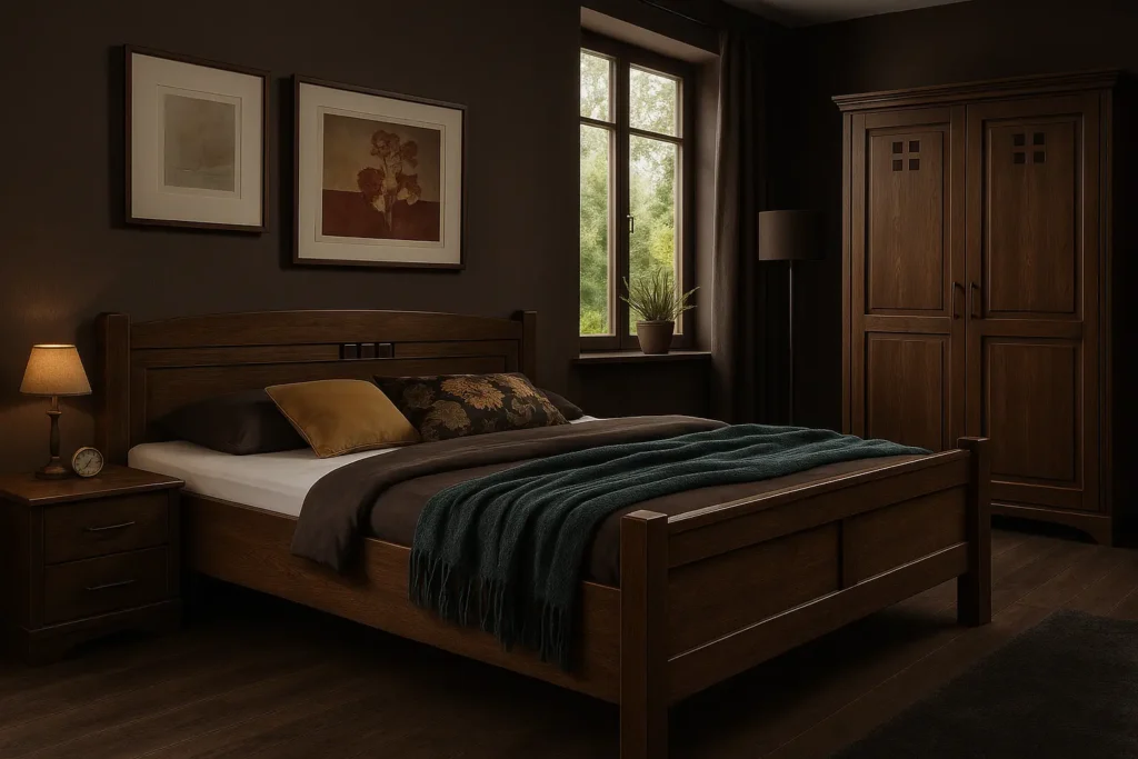 Dark Wood Bedroom_remix_01jwxbw0mde2zamdnfmnk9nw68 Klassisches Bett in einem Schlafzimmer mit Designer-Interieur aus Naturholz