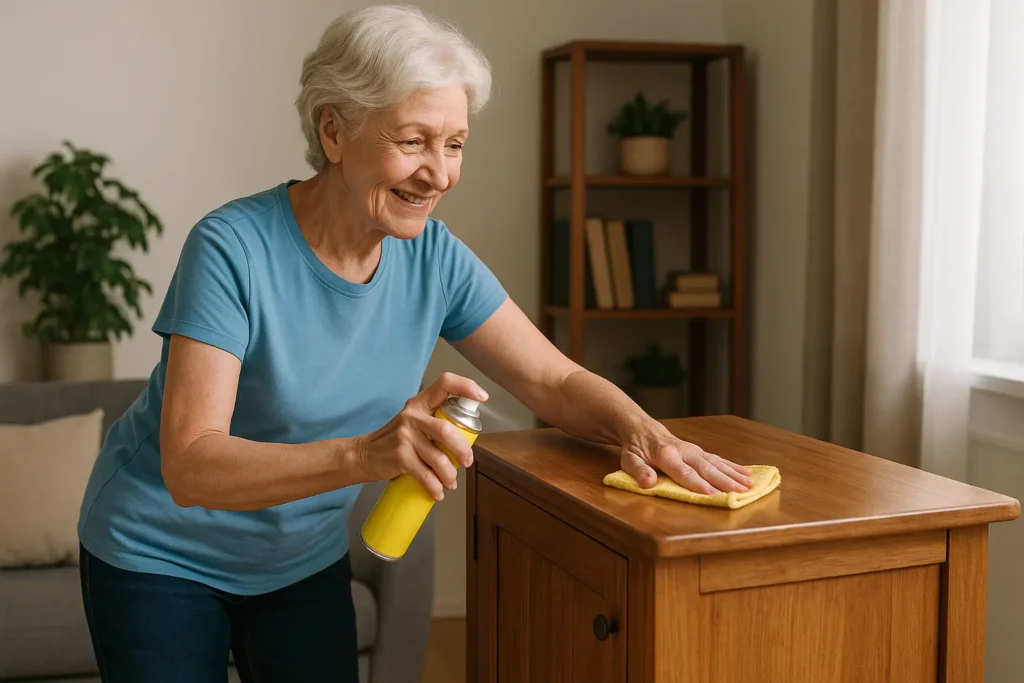 Elderly Woman Polishing Cabinet_simple_compose_01jwydm6cjf42s0d7cqpxygx4m Ältere Frau pflegt Möbel mit Politur