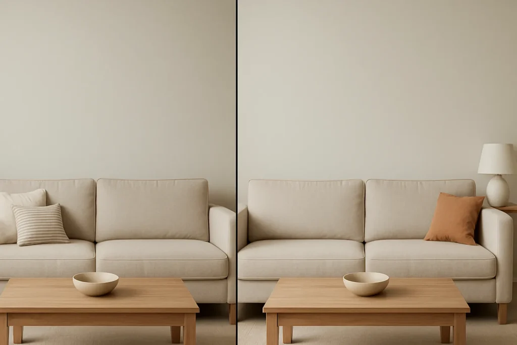 Identical Living Rooms_simple_compose_01jwpfmb7ne70vdp32gxhc4tyd Identische Sofas in einem hellen Interieur