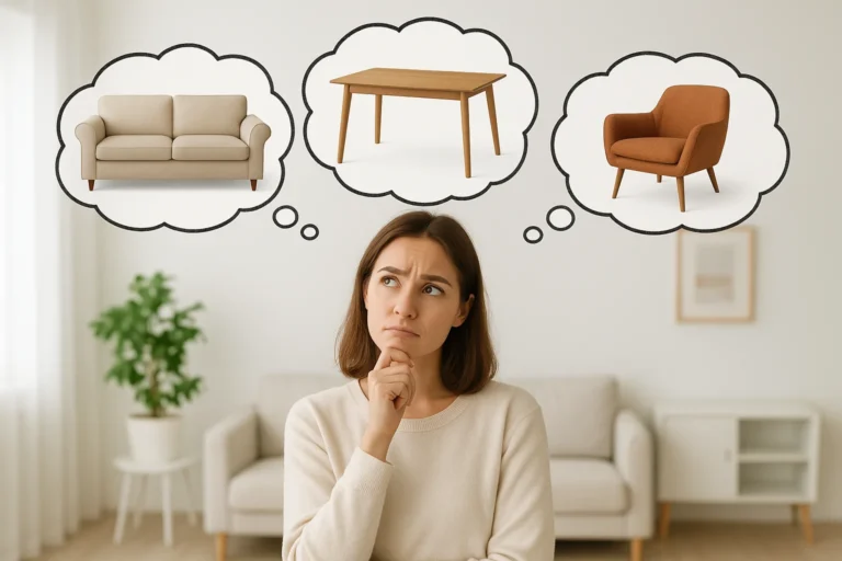 Eine Frau denkt über den Kauf neuer Möbel nach