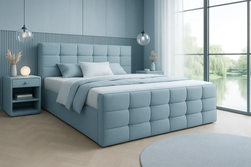 Light Blue Bedroom_remix_01jwx6wkzefeasnrpdwftgq7y3 Schönes Boxspringbett in einem hellen Schlafzimmerinterieur