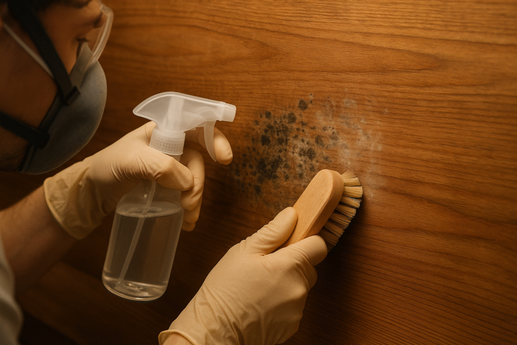 Mold Cleaning Detail_simple_compose_01jxwcw692ebnafdjcz3pgs2pf Person reinigt Schimmel von Holzoberfläche mit Bürste und Handschuhen – effektive Entfernung mit natürlichen Mitteln