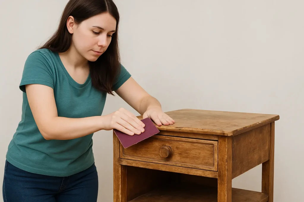 Sanding Bedside Table_remix_01jwyd80p7fmyaa2z5wc2gkd29 Eine Frau restauriert und repariert einen alten Nachttisch