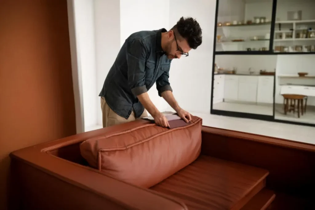 freepik__expand__63103 Der Mann bestimmt die Art des Materials für das Ledersofa.