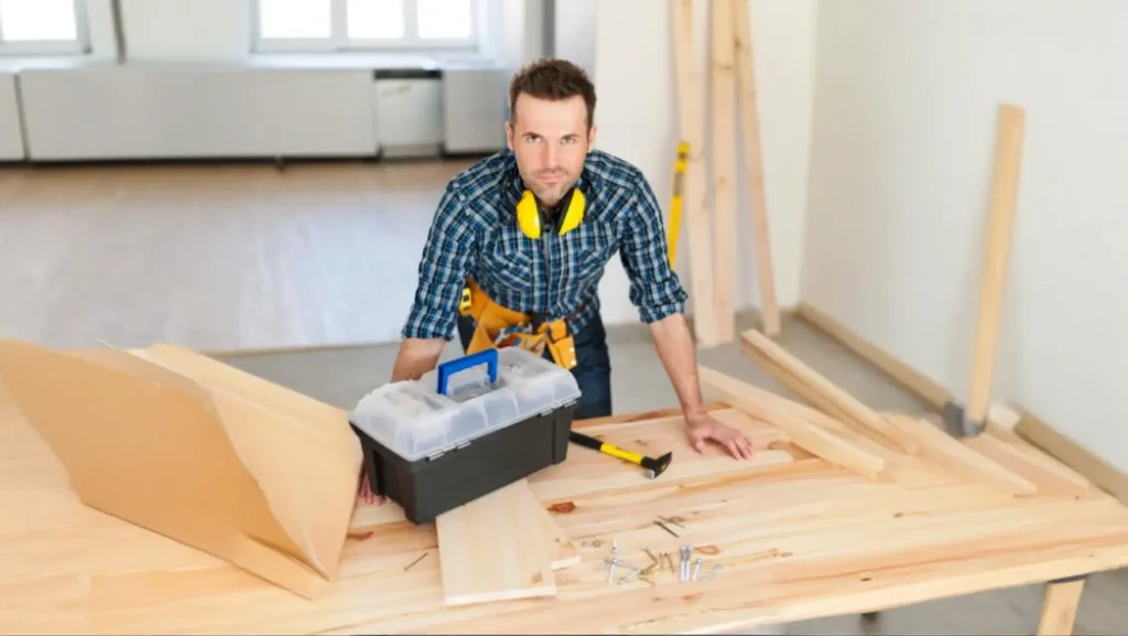 freepik__expand__9879 Professioneller Tischler montiert einen Esstisch aus Naturholz