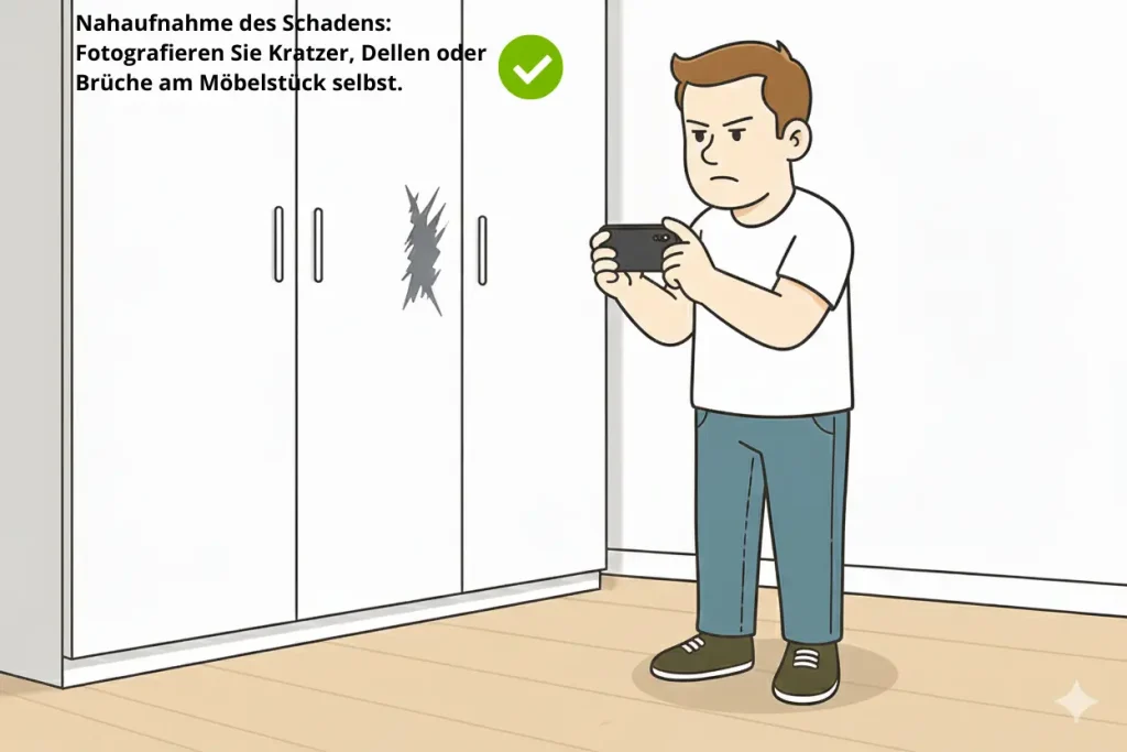 Außenansicht des Pakets Eine Figur fotografiert mit einem Mobiltelefon ein Möbelstück mit einem Defekt.